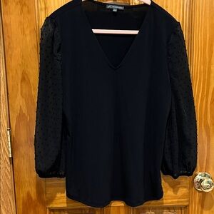 Adrianna Papell Black V-Neck Blouse with polka dot chiffon sleeves